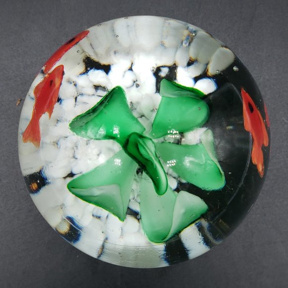 Clear Round Green Flower Red Fish Aquarium  Art Glass Paperweight - Picture 4 of 6